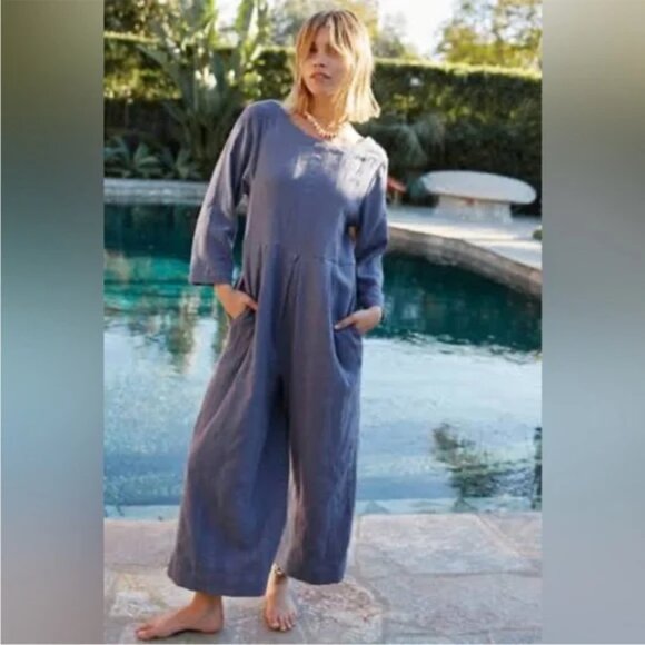 Free People Blue Shiloh Cotton Linen Blend One-Piece Jumpsuit in Wild Moon - Picture 10 of 10